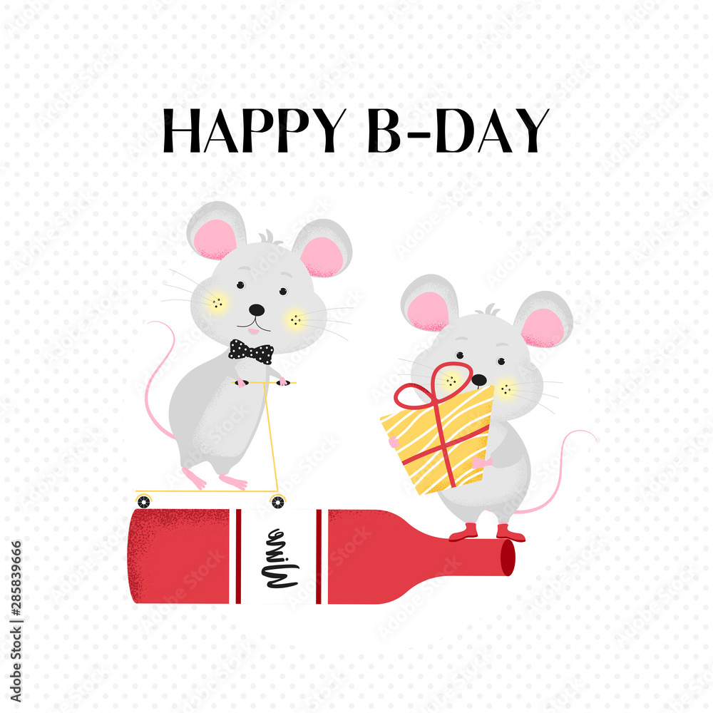 Obraz premium Happy birthday card, poster with mouse in flat style