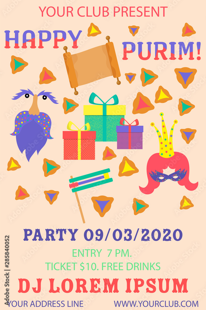 Happy purim banner. Colorful vector illustration. Festival concept design. Purim on colorful background. Party event decoration. Greeting card, poster, banner, element. Party invitation.