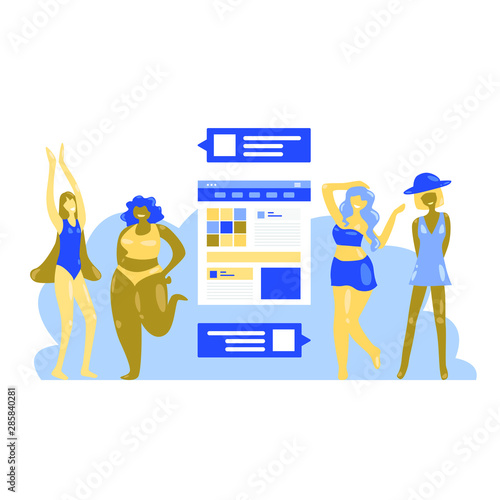 cartoon woman buys clothes in an online store. Vector illustration, modern flat design. A woman loves her body. Body positive