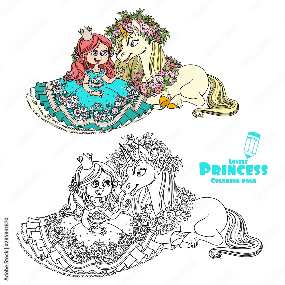 Princess with unicorn in a magnificent wreath of roses color and ...