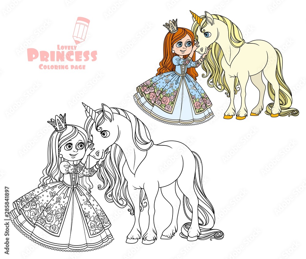 Princess with unicorn color and outlined picture for coloring book ...