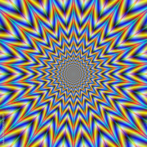 Manic Star in Blue Yellow and Red / An abstract fractal image with an optically challenging star design in blue,yellow, green and red.