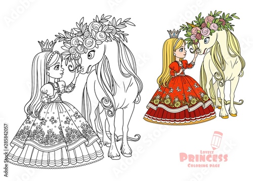 Princess with magical unicorn in a magnificent wreath of roses color and outlined picture for coloring book on white background