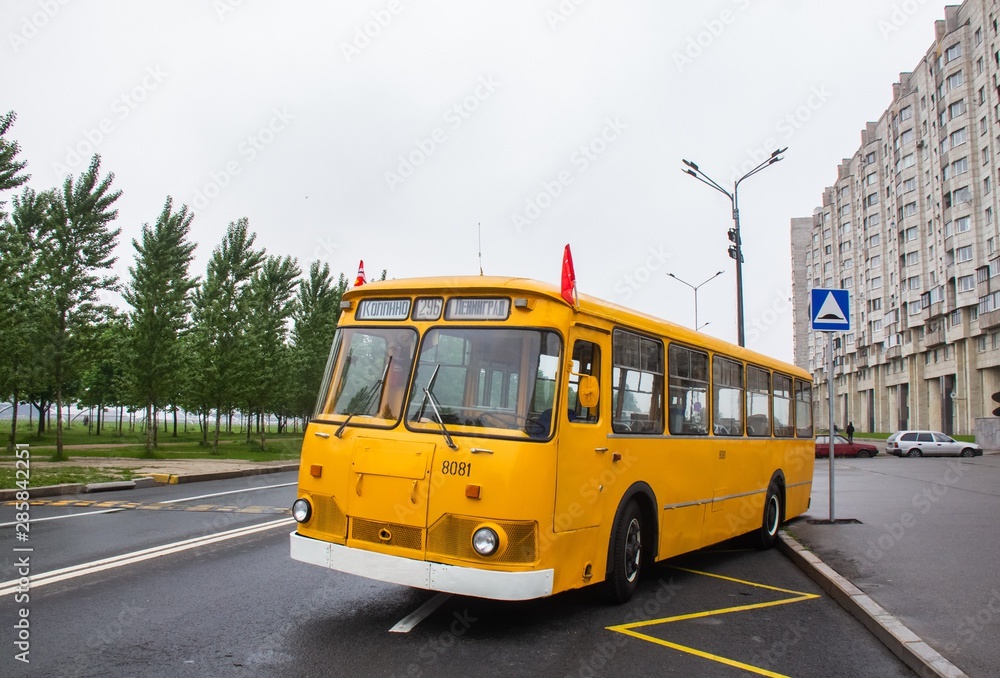 Old Soviet bus of the 80s at an exhibition in St. Petersburg