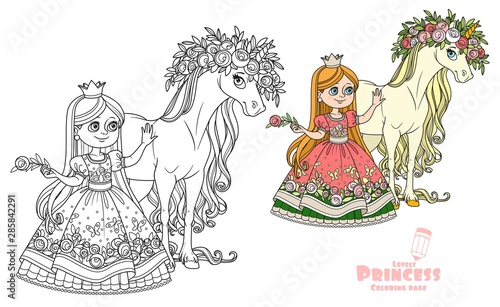 Beautiful princess with magical unicorn in a magnificent wreath of roses color and outlined picture for coloring book on white background