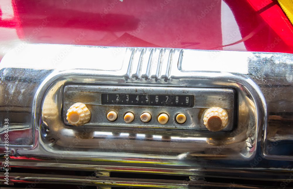 Obraz premium Old radio in a unique Soviet bus of the 50s
