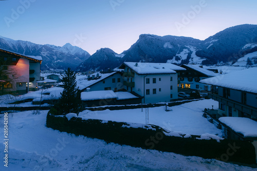 House architecture in Mayrhofen in Zillertal valley in Tirol Austria evening © Roman Babakin