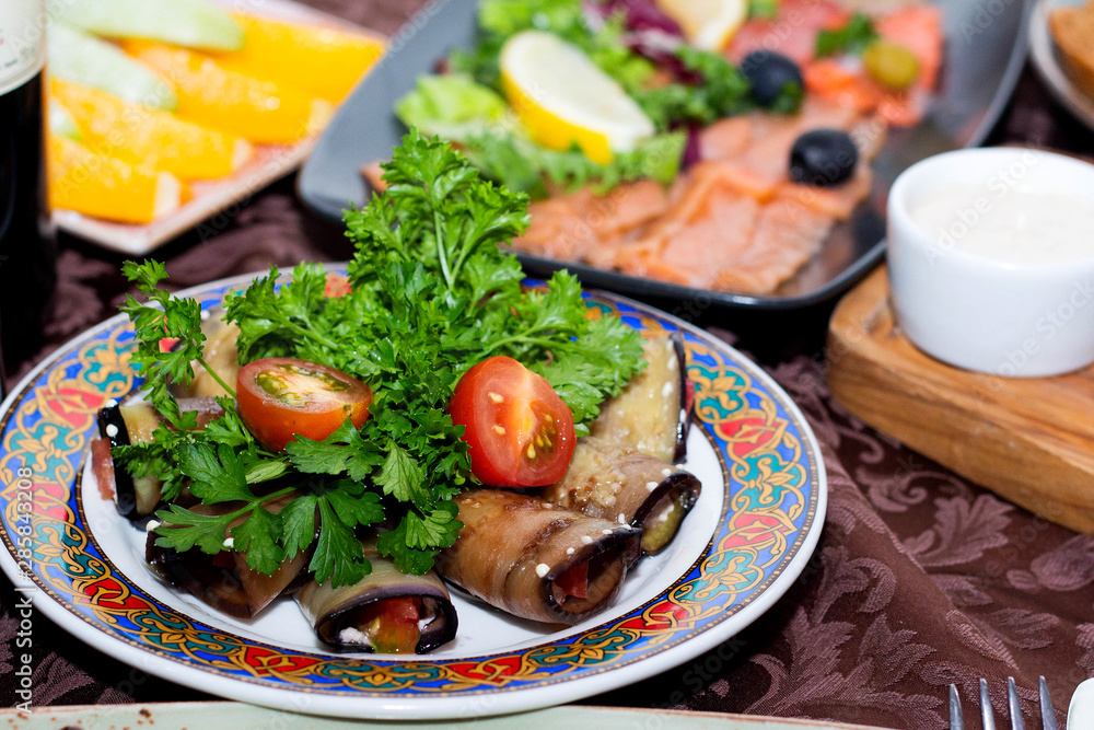 The range of different dishes on the table. Restaurant, benket