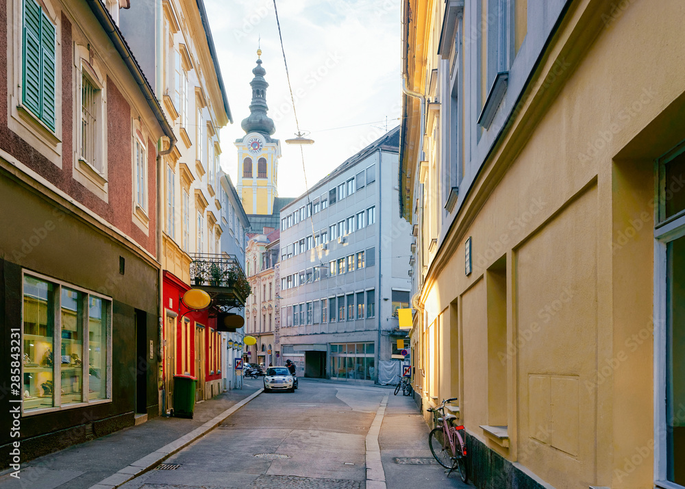 Cityscape street with Barmherzigenkirche Church at Old city of Graz
