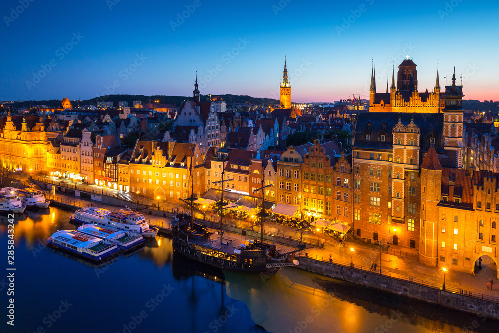 Beautiful architecture of the old town in Gdansk at dusk, Poland.
