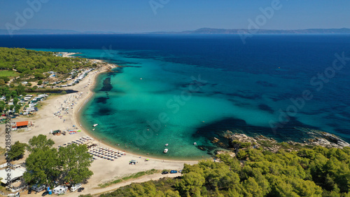 Aerial drone photo of iconic exotic sandy beach known Platanitsi with turquoise clear sea  Sithonia Peninsula  Halkidiki  North Greece