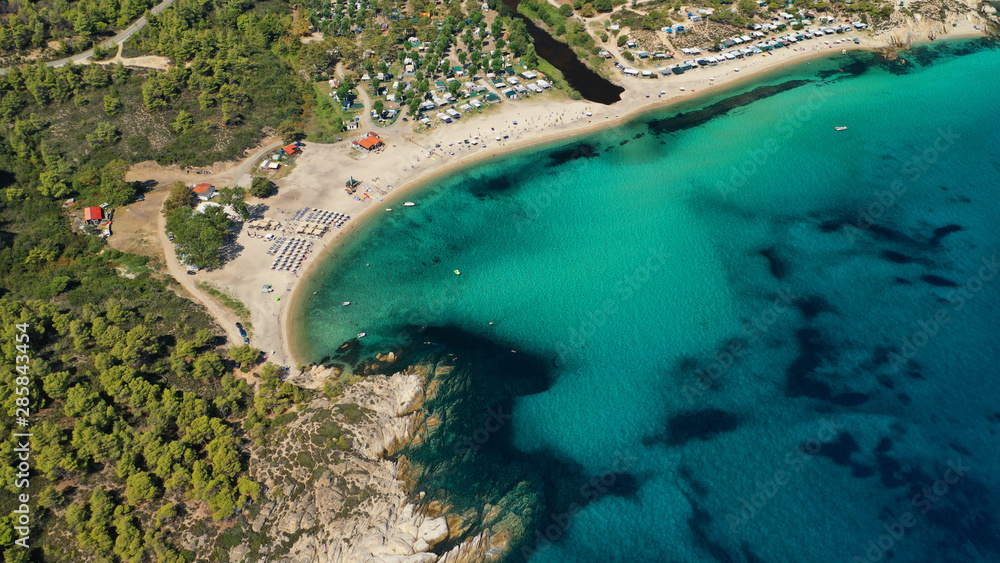 Aerial drone photo of iconic exotic sandy beach known Platanitsi with turquoise clear sea, Sithonia Peninsula, Halkidiki, North Greece