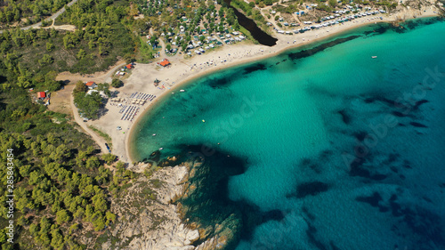 Aerial drone photo of iconic exotic sandy beach known Platanitsi with turquoise clear sea  Sithonia Peninsula  Halkidiki  North Greece