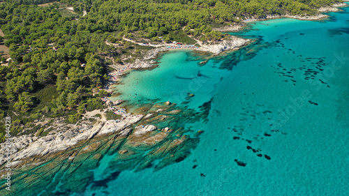 Aerial drone photo of iconic turquoise paradise rocky beach of Kavourotripes in Sithonia Peninsula  Halkidiki  North Greece