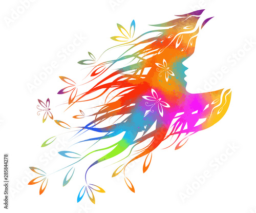 Beautiful multicolored girl's profile silhouette with flowers from her hair isolated - vector illustration © Мария Неноглядова