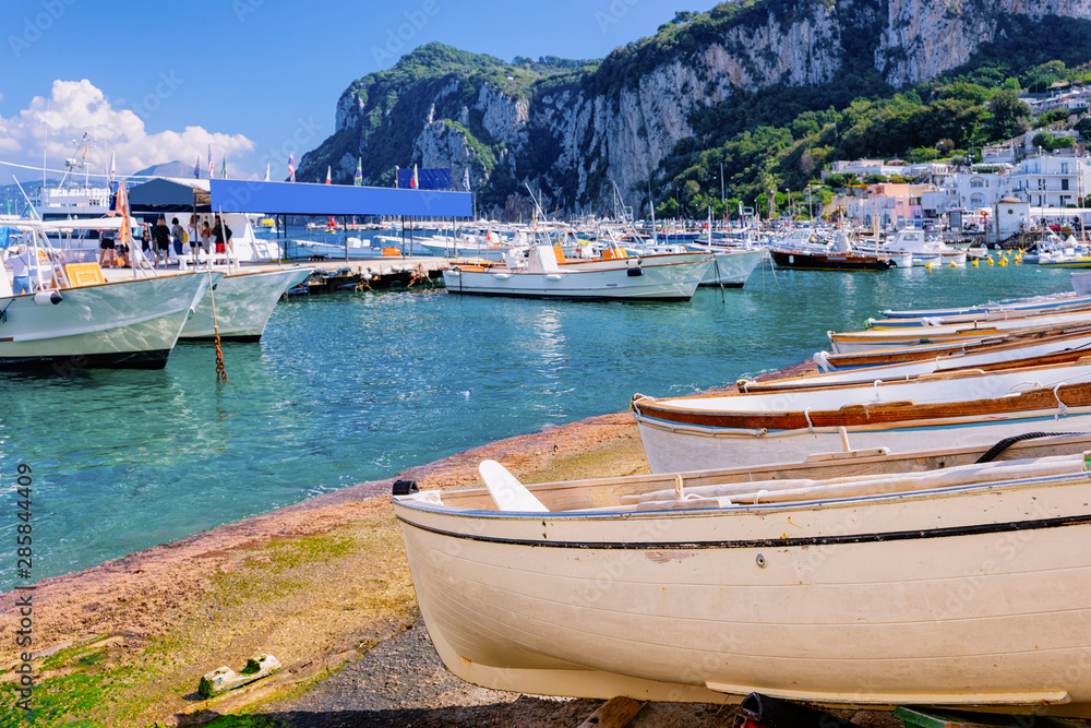 Marina with boats in Capri Island town at Naples Italy