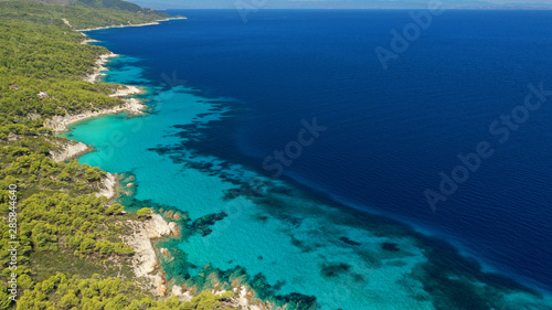 Aerial drone photo of iconic turquoise paradise rocky beach of Kavourotripes in Sithonia Peninsula  Halkidiki  North Greece