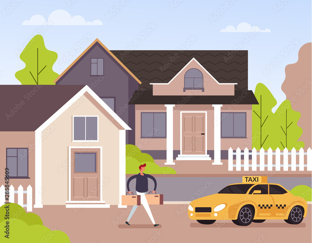 Man passenger character waiting taxi near house door. Transportation concept. Vector flat cartoon graphic design illustration Man passenger character waiting taxi near house door. Transportation concept. Vector flat cartoon graphic design illustration