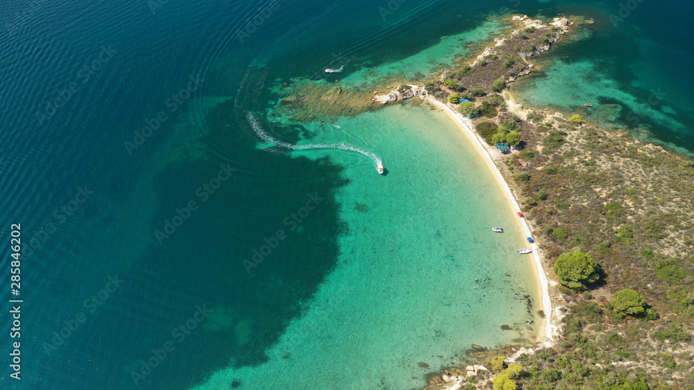 Aerial drone view of iconic Livari beach in natural exotic bay of Vourvourou, Sithonia peninsula, Halkidiki, Greece Aerial drone view of iconic Livari beach in natural exotic bay of Vourvourou, Sithonia peninsula, Halkidiki, Greece