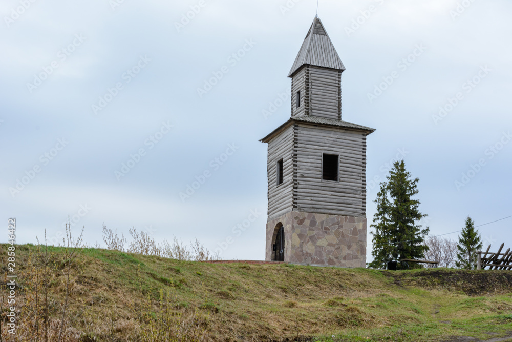 Tetyushi, Tatarstan - May 2, 2019. A wooden observation tower on a high mountain on the coast of the Volga River. The tower is a copy of the tower built during the founding of the town Tetyushi.