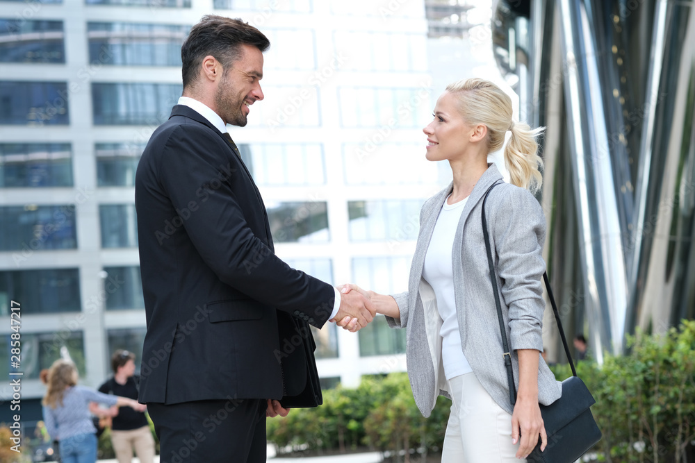 Two colleagues greet each other in front of corporation place. Two colleagues greet each other in front of corporation place.