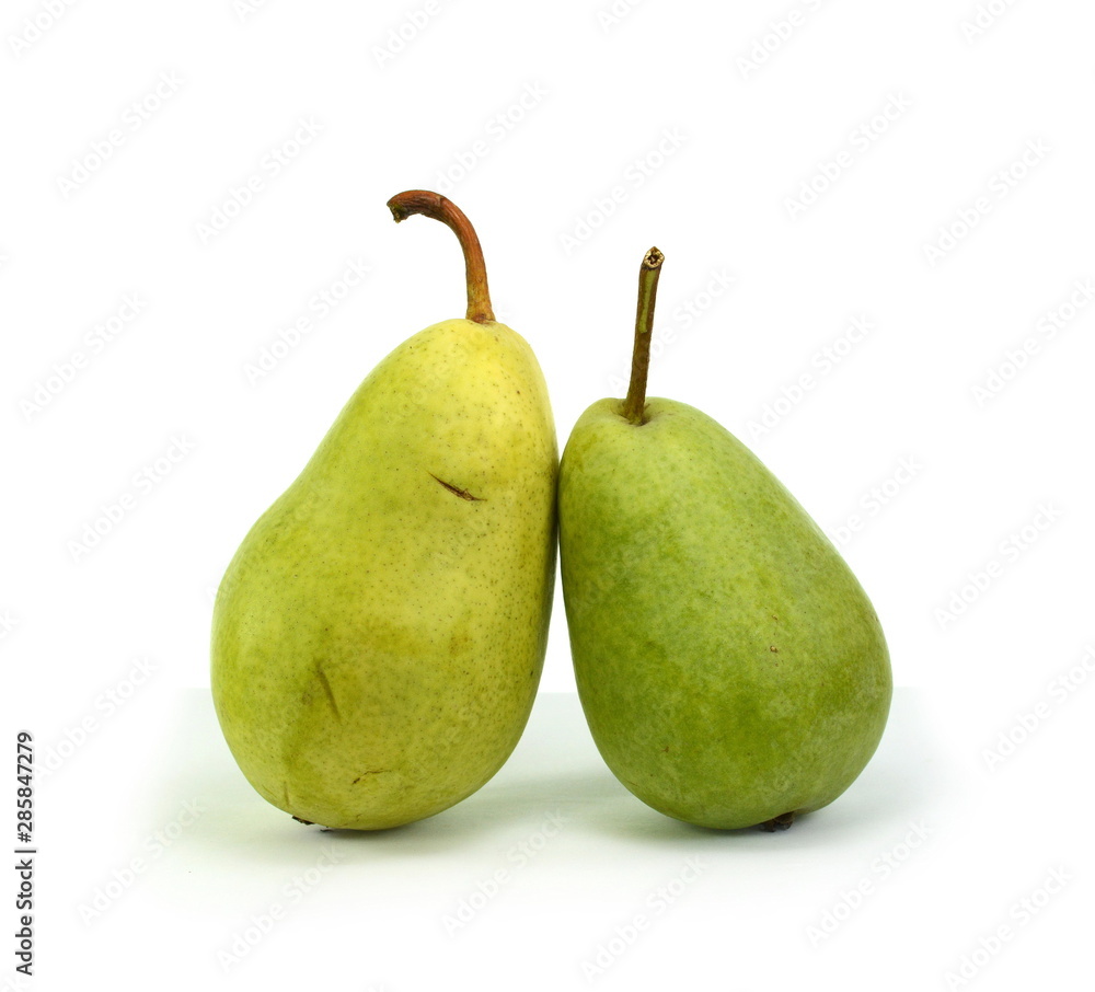 Green organic pears on white background Green organic pears on white background