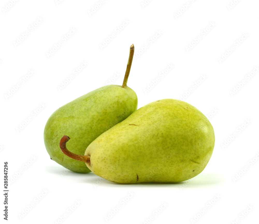 Green organic pears on white background Green organic pears on white background