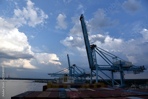 Gantry cranes over the container ships in the sea port of Norfolk, Virginia. 