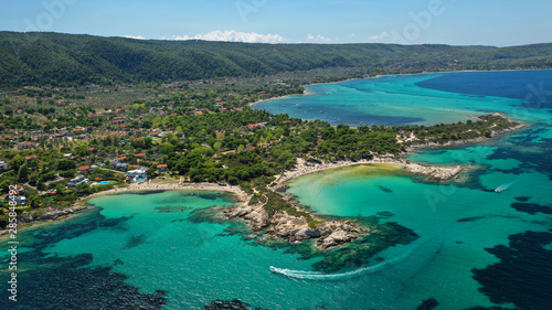 Aerial drone photo of iconic turquoise paradise sandy twin beaches of Karidi in Sithonia Peninsula  Vourvourou bay  Halkidiki  North Greece