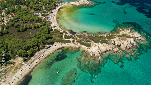 Aerial drone photo of iconic turquoise paradise sandy twin beaches of Karidi in Sithonia Peninsula, Vourvourou bay, Halkidiki, North Greece