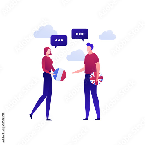 Vector modern flat online language education illustration. Male and female talking and holding english and french flag icons. Design for posters, flyers, cards, banners