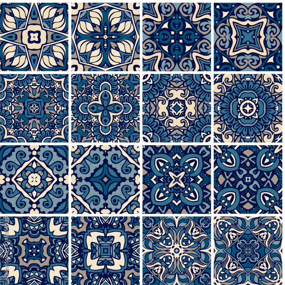 Set of tiles, blue and white azulejo, original traditional Portuguese and Spain decor.