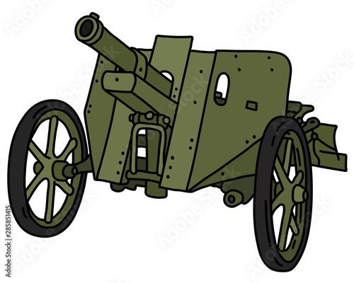 The vectorized hand drawing of a vintage khaki field cannon