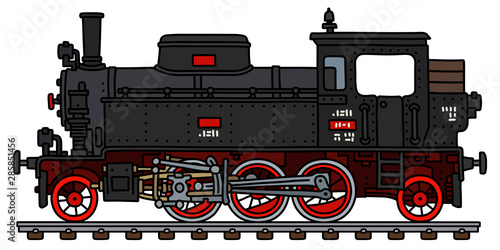 The vectorized hand drawing of an old black tank engine steam locomotive