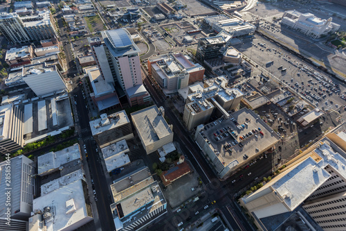 Aerial view of Clark County government buildings and South Casino Center Blvd in downtown Las Vegas  Nevada  USA.