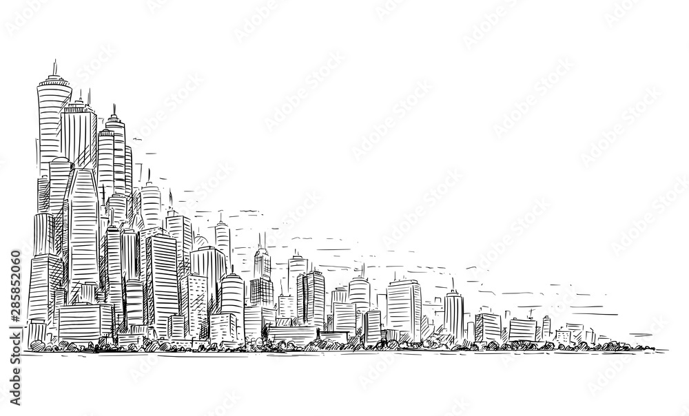 Vector artistic sketchy pen and ink drawing illustration of generic city high rise cityscape landscape with skyscraper buildings, Business and Government Buildings.