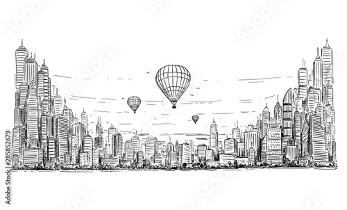 Vector artistic sketchy pen and ink drawing illustration of hot air balloons over generic city high rise cityscape landscape with skyscraper buildings, business and government buildings.