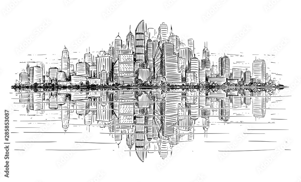 Vector artistic sketchy pen and ink drawing illustration of generic city high rise cityscape landscape with skyscraper buildings reflecting in water in front.