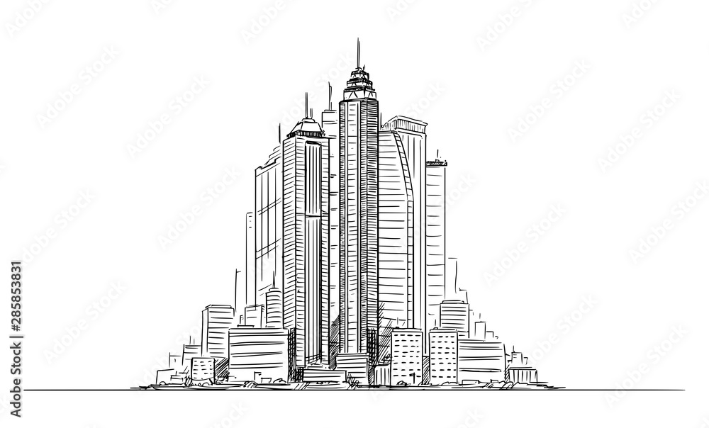Vector artistic sketchy pen and ink drawing illustration of generic city high rise cityscape with high skyscraper buildings in center.