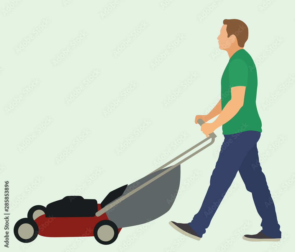 Caucasian Man Cutting Grass with Lawn Mover Caucasian Man Cutting Grass with Lawn Mover