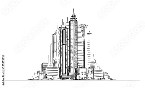 Vector artistic sketchy pen and ink drawing illustration of generic city high rise cityscape with high skyscraper buildings in center.