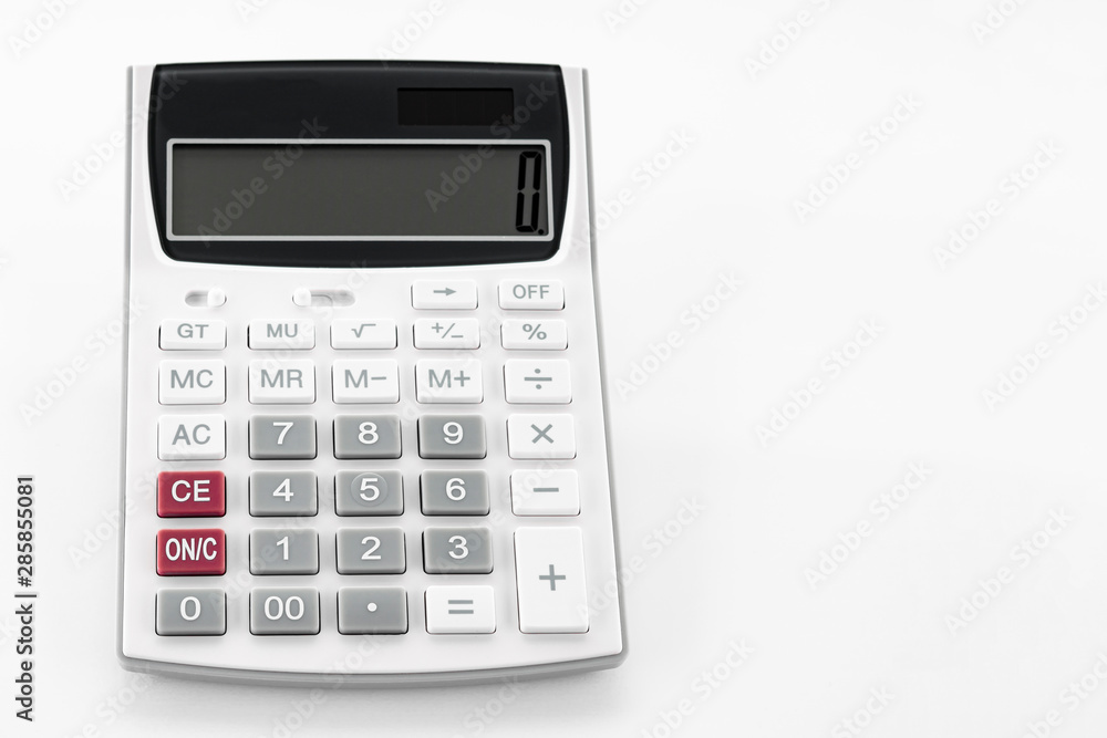White calculator with grey white and red buttons with white background, school supplies White calculator with grey white and red buttons with white background, school supplies
