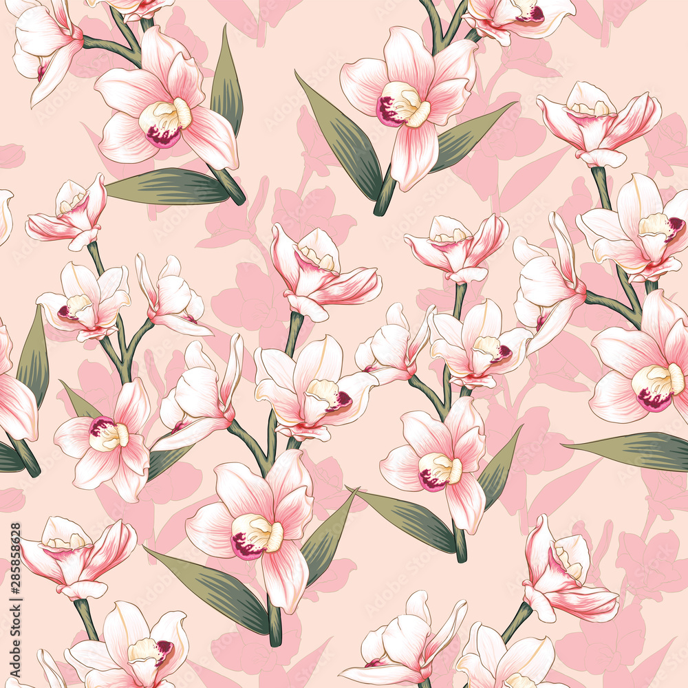 Seamless pattern botanical pink Orchid flowers on abstract pink pastel backgground.Vector illustration drawing watercolor style.For used wallpaper design,textile fabric or wrapping paper.