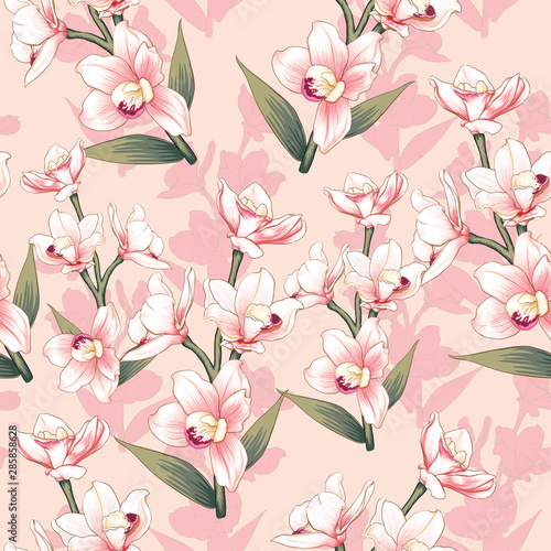 Seamless pattern botanical pink Orchid flowers on abstract pink pastel backgground.Vector illustration drawing watercolor style.For used wallpaper design textile fabric or wrapping paper.