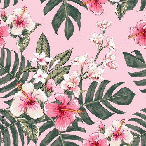 Seamless floral pattern pink Hibiscus,Frangipani and Orchid flowers on pastel color isolated background.Vector illustration watercolor hand drawning.