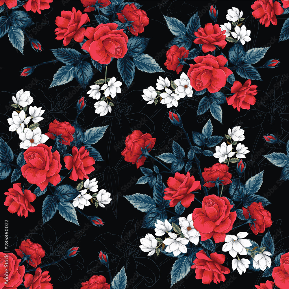 Seamless pattern floral red Rose white Magnolia Lilly flowers