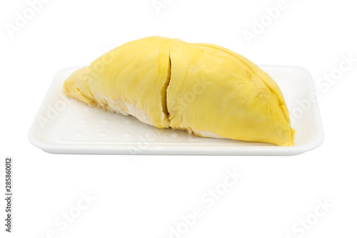 A piece of durian on foam tray isolate on white background, king of fruit