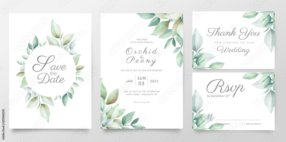 Floral wedding invitation card template set of realistic watercolor leaves. Elegant greenery save the date, invite, thank you, rsvp cards vector design