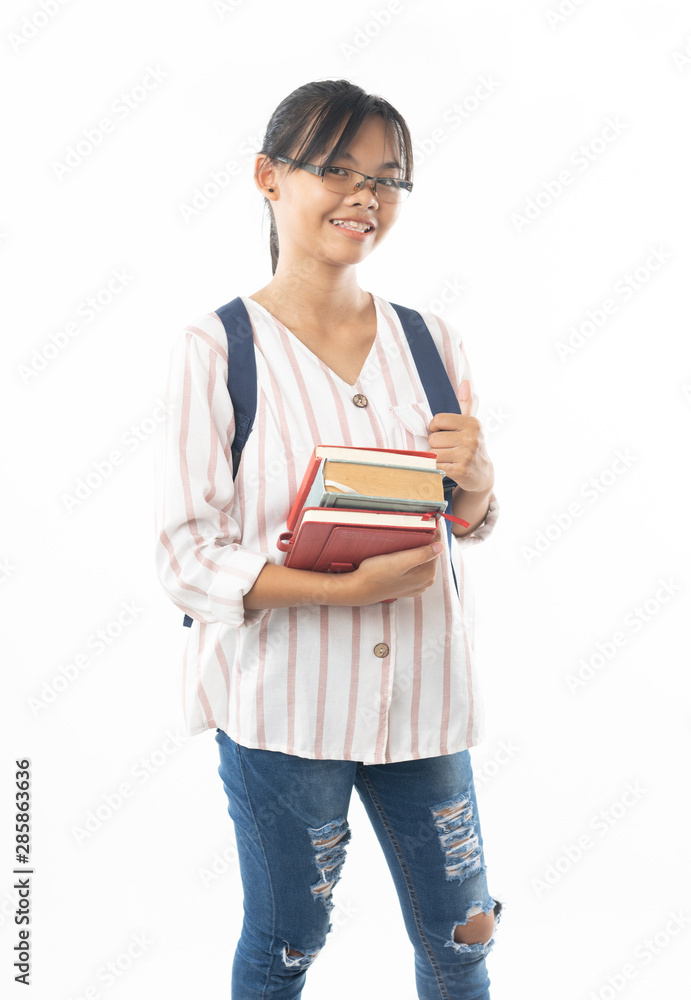 Young Asian girl student with school bag isolated on white background, learning and education kid concept Young Asian girl student with school bag isolated on white background, learning and education kid concept