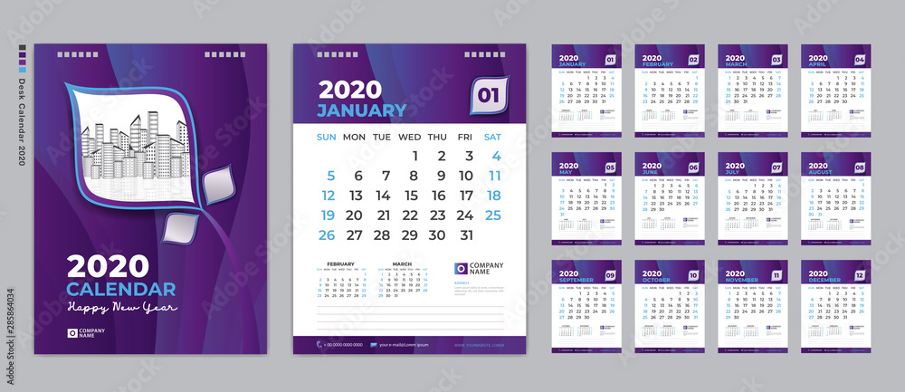 Vecteur Stock Desk Calendar 2020 Template Cover Design Week Starts On 